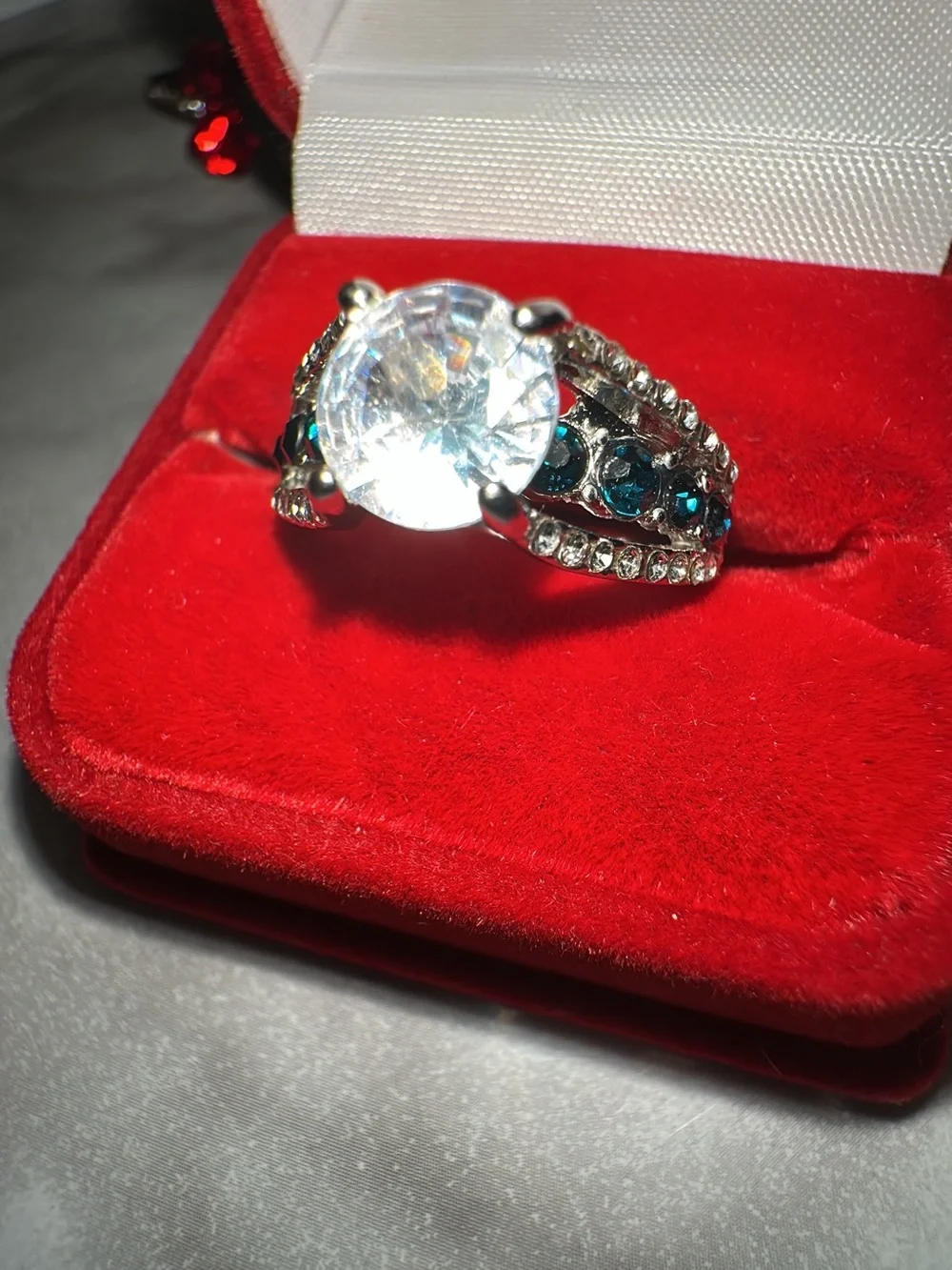 Silver-Tone Clear Crystal Statement Ring with Teal Accents